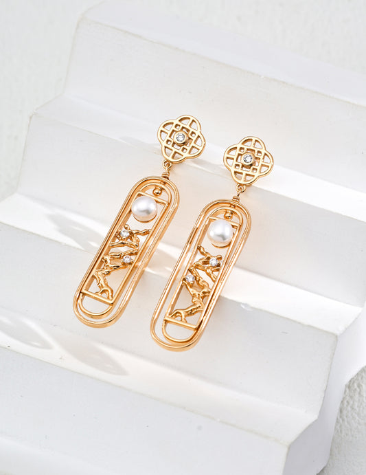 Golden Lattice Pearl Drops Earrings