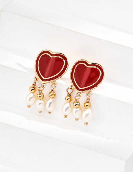 Vintage Heart Enamel Pearl Earrings